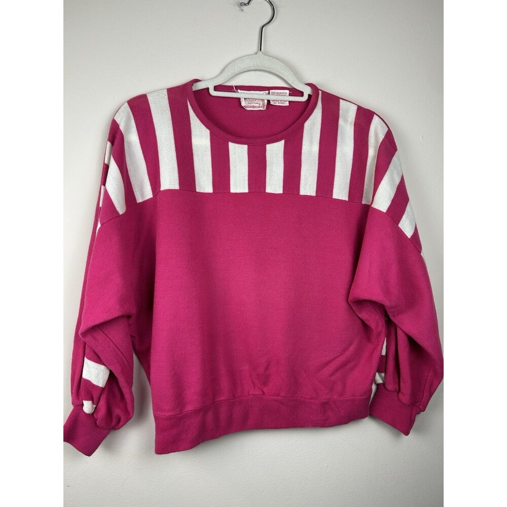 VTG 80s Cadogan Court Sportswear Hot Pink Striped Sweatshirt Yoke Colorblock Sm